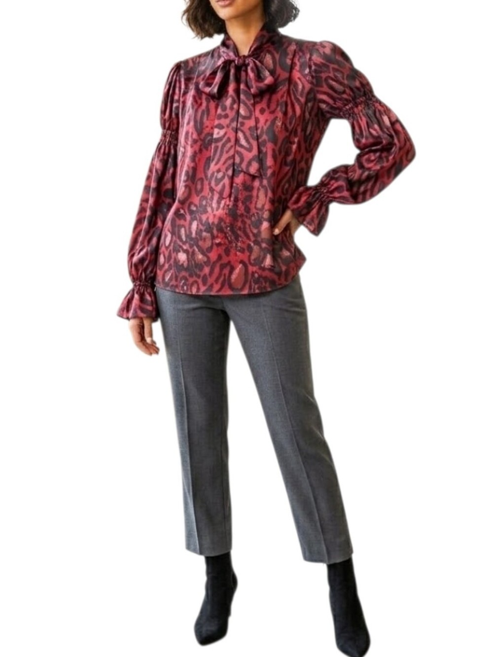 𝅺TOPSHOP IDOL Red & Black Animal-Print Oversized Drama Sleeve Blouse Womens 2 4
